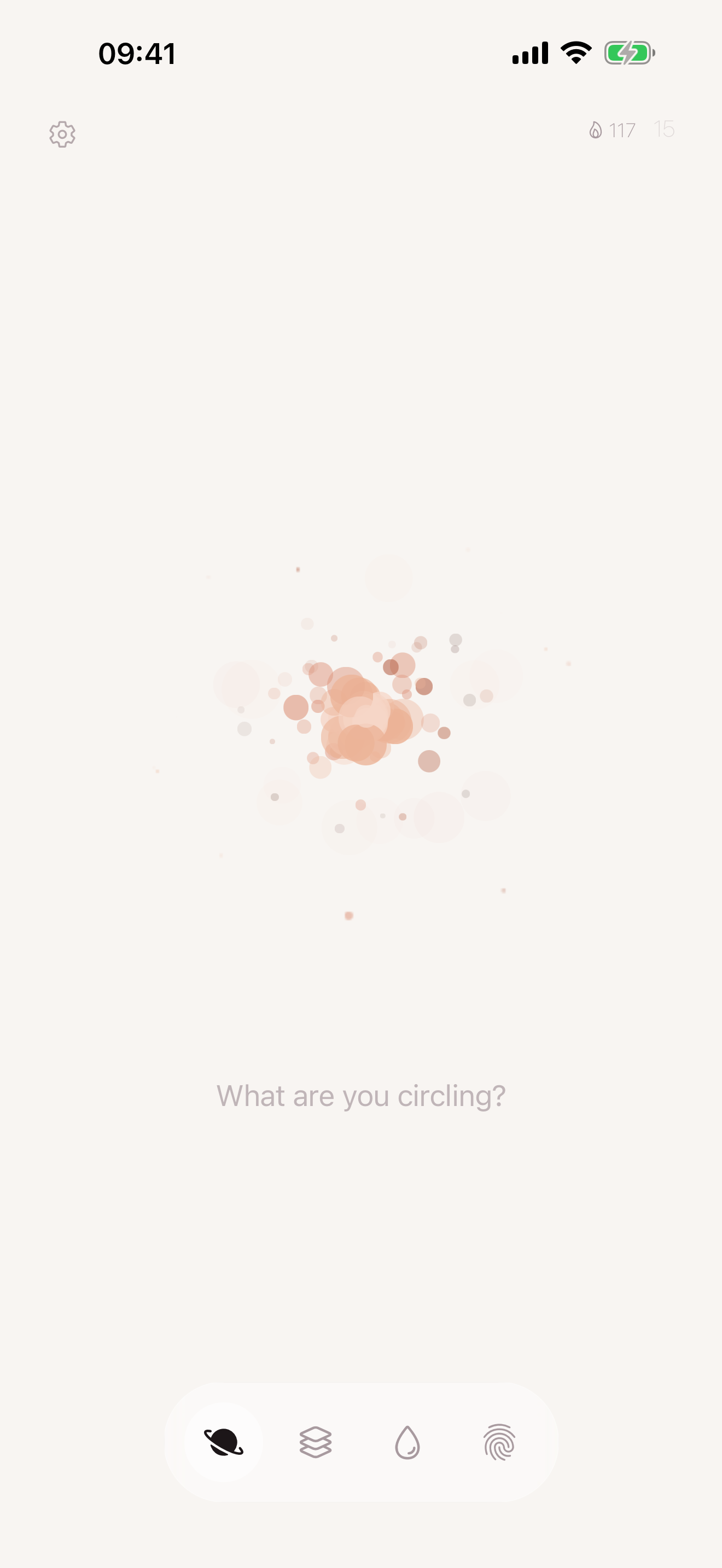 Absorvia’s capture screen, with soft peach particles and the prompt ‘What are you circling?’