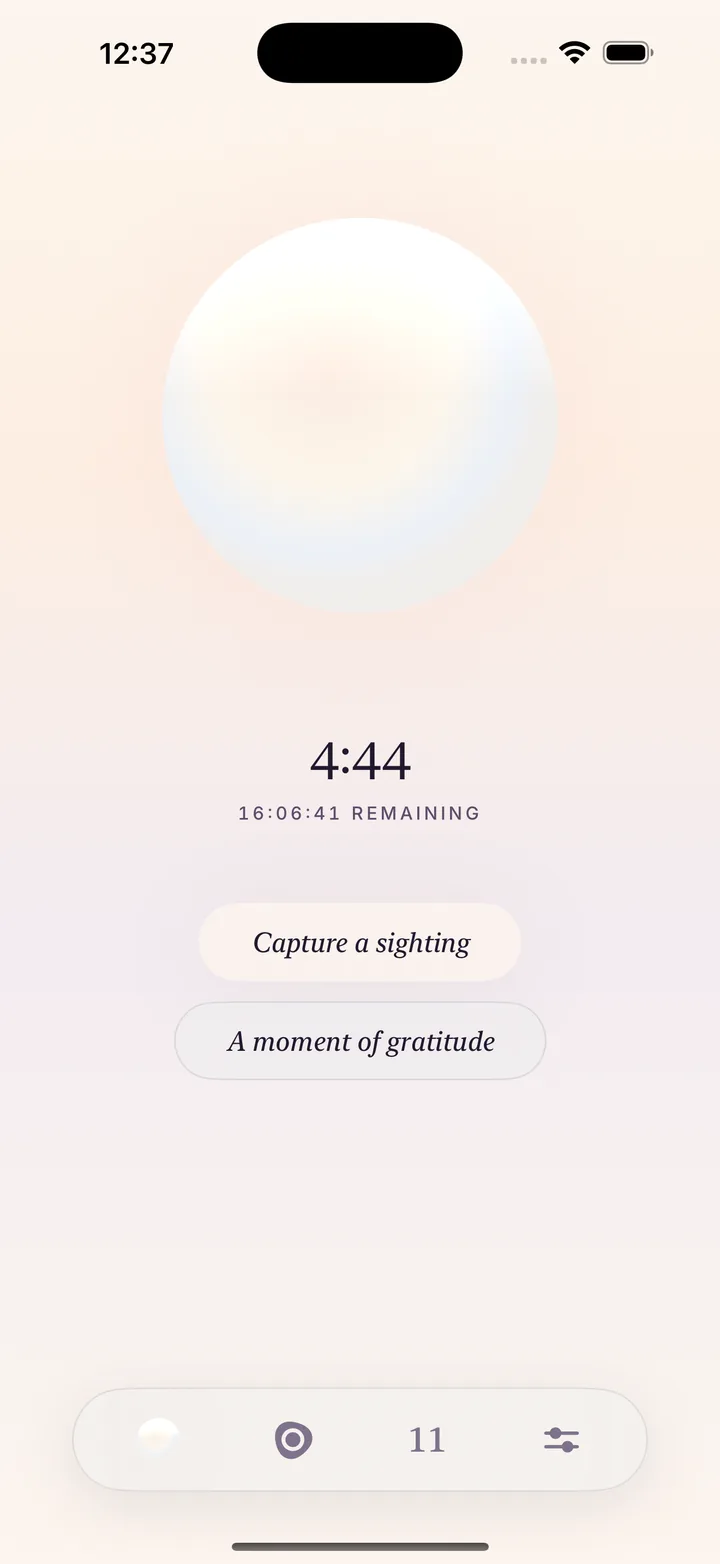 Orbdit’s Today screen, with its pearl orb, countdown, and moments of gratitude.